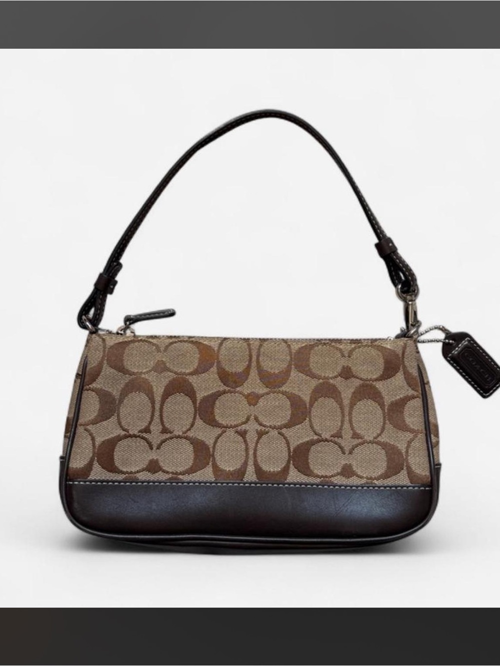 Coach Brown Signature Canvas Shoulder Bag with Dark Brown Leather Trim